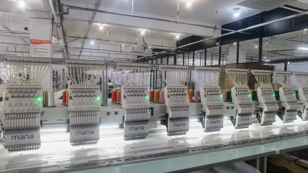 Multi-head embroidery equipment on the factory floor
